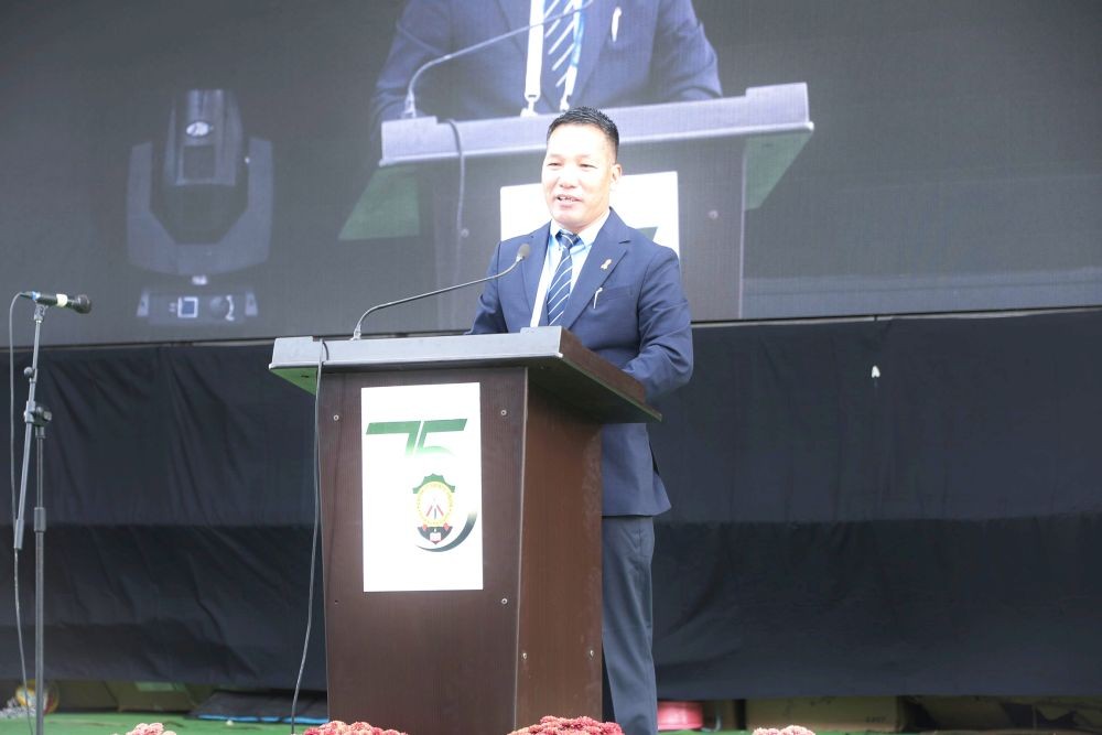 Minister of H&FW, Paiwang Konyak addressing at KSU Platinum Jubilee at Mon on December 14.